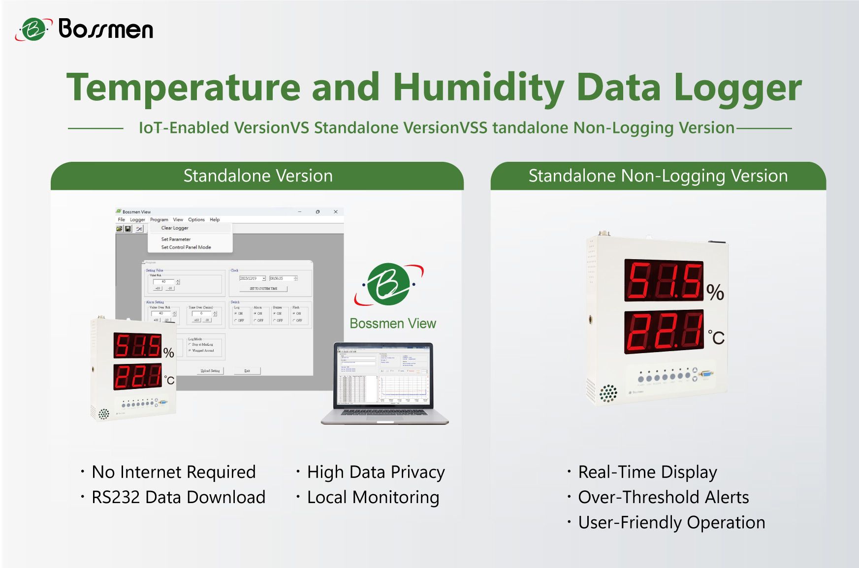 Compare our stand-alone data loggers for offline security and non-logging units for simple, real-time environment spot checks. Stand-alone vs Non-logging Temperature Monitors